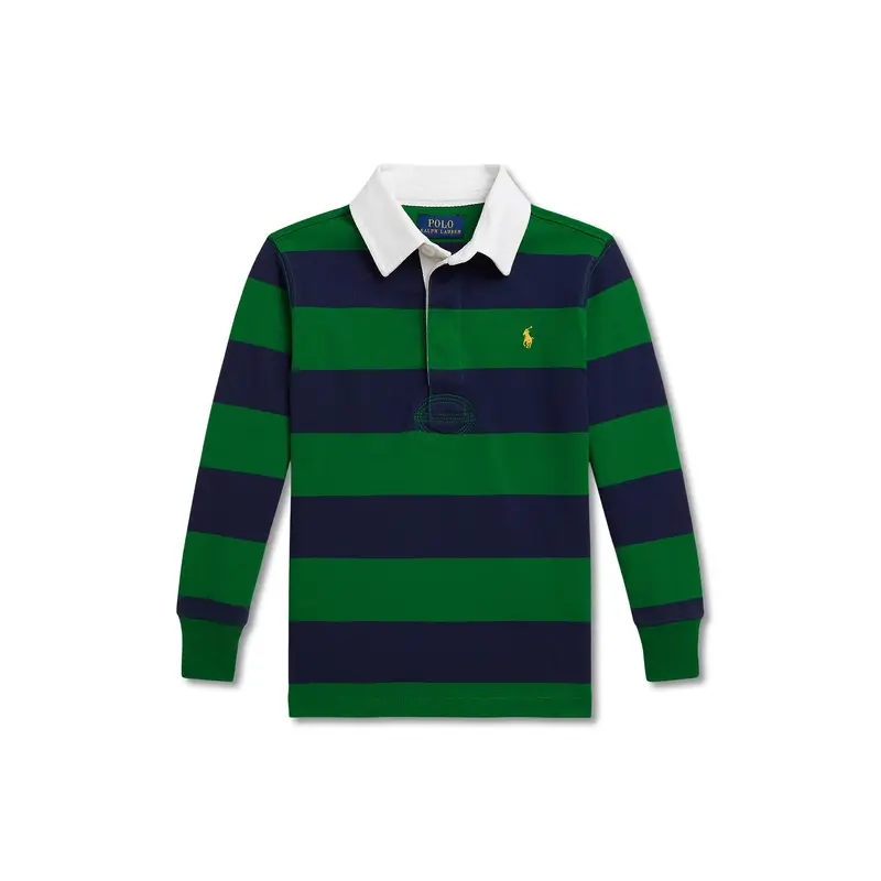 Striped Knit Rugby Shirt Navy Green Cotton