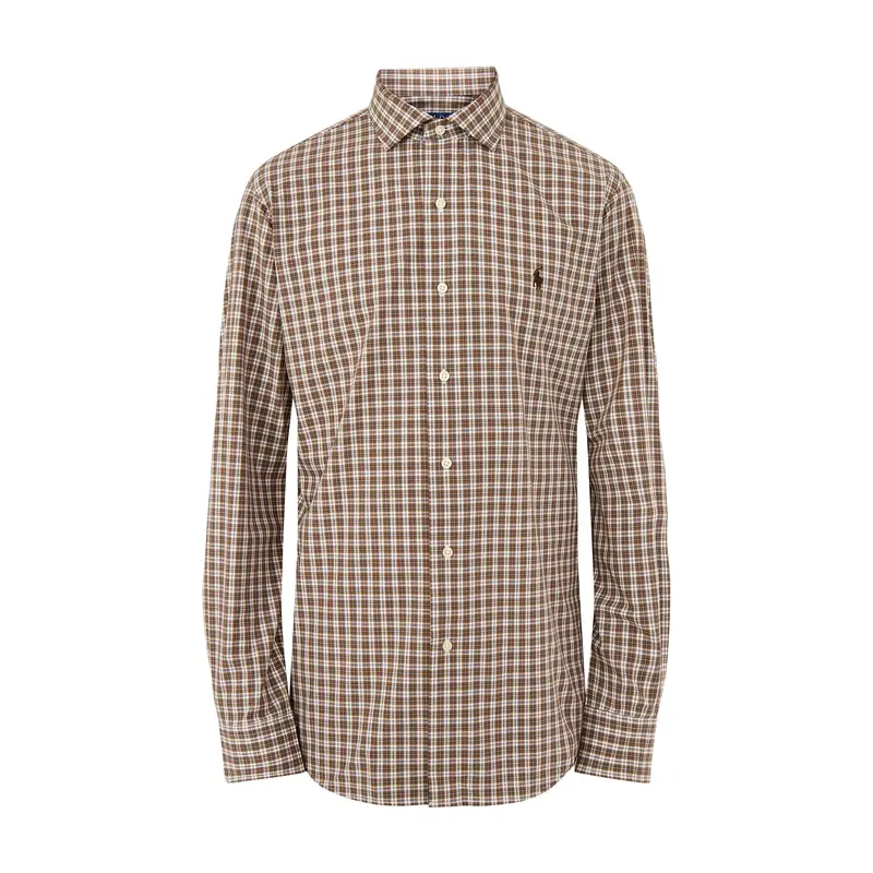 Custom Fit Stretch Poplin Check Shirt Brown