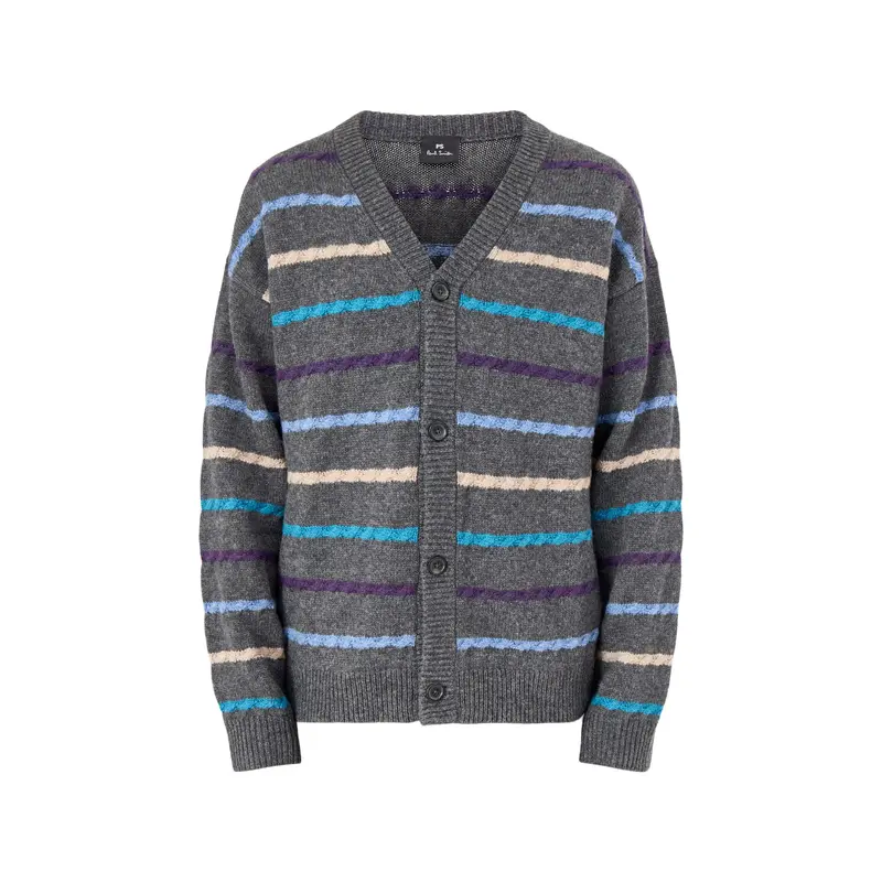 Stripe Wool Cardigan Button Thru Black