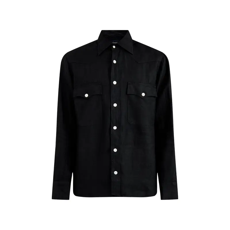 Linen Two-Pocket Twill Western Shirt Black