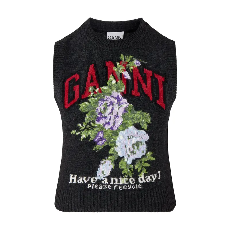 Graphic Wool Mix Flowers Vest Black