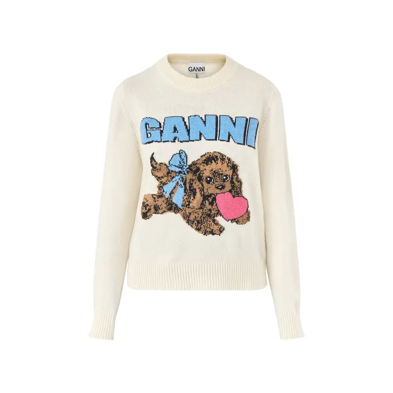 Graphic Wool Mix Fluffy Puppy Love Crewneck White