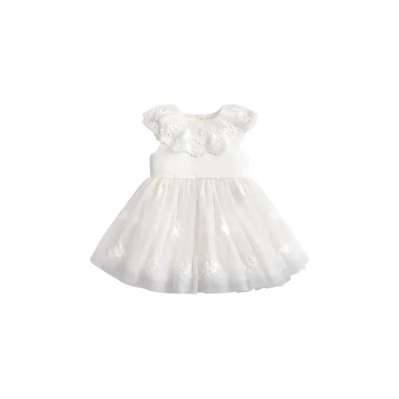 White Mesh Collar Flower Girl Dress With Embroidered Skirt