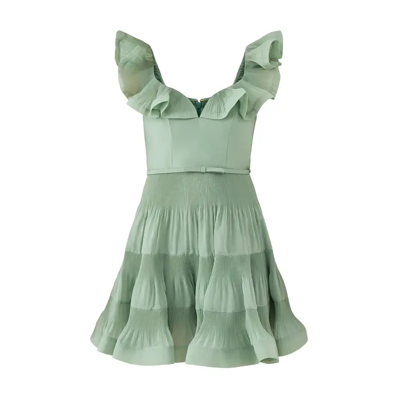 Pleated Frill Mini Dress Eucalyptus