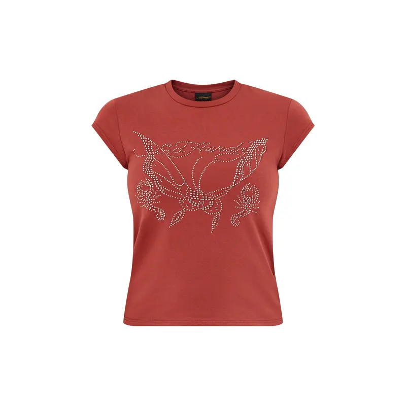 Butterfly Diamante Cap Sleeve T-Shirt Top Red