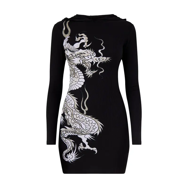 Red Dragon Hoodie Dress Black