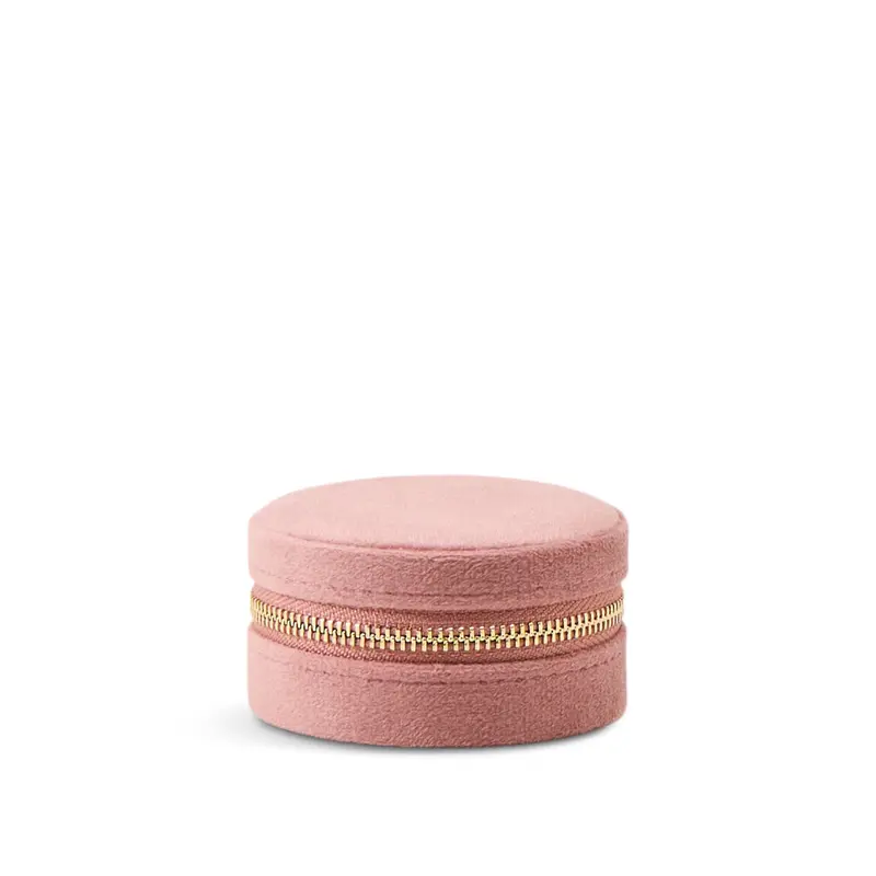Rose Pink Velvet Round Travel Jewellery Case