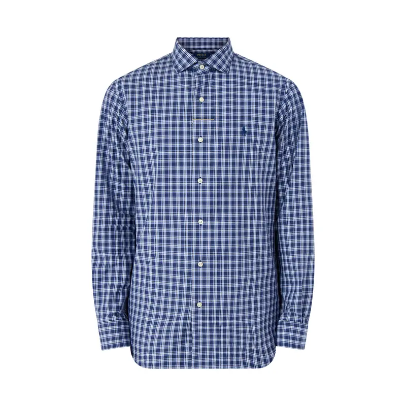 Custom Fit Stretch Poplin Check Shirt Navy Multi