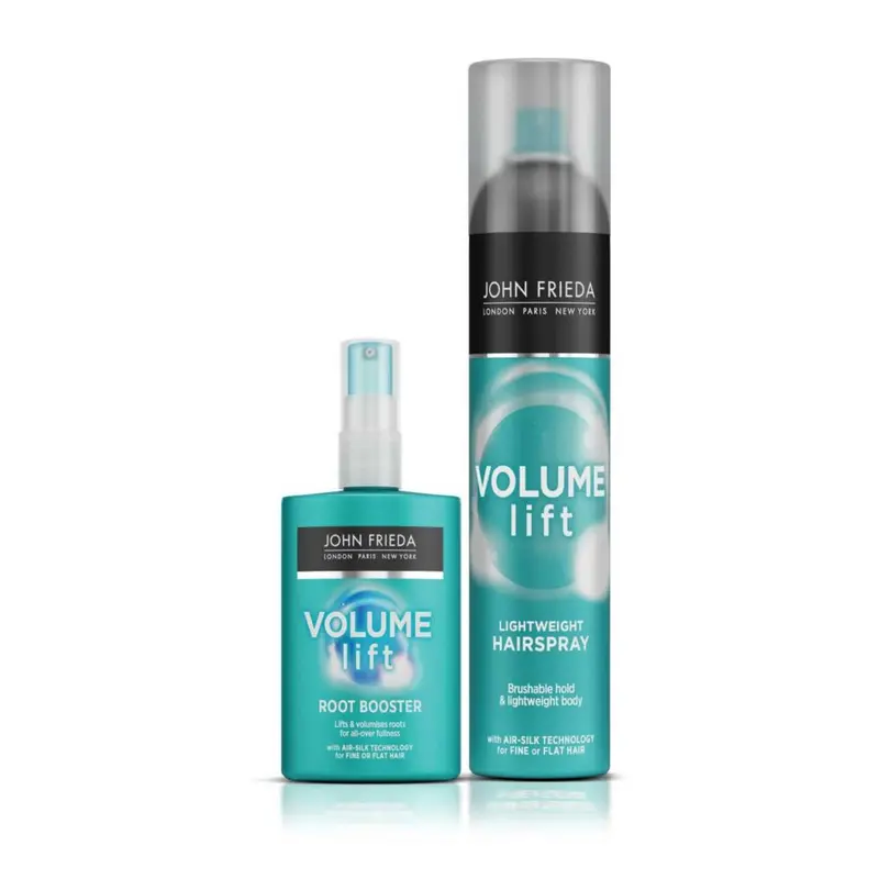 John Frieda Volume Lift Root Booster Blow Dry Lotion and Lightweight Hairspray Bundle for Thin, Fine Hair