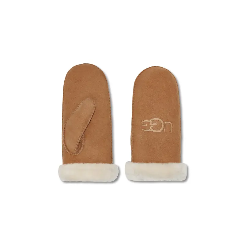 Sheepskin Embroidered Logo Mittens Chestnut