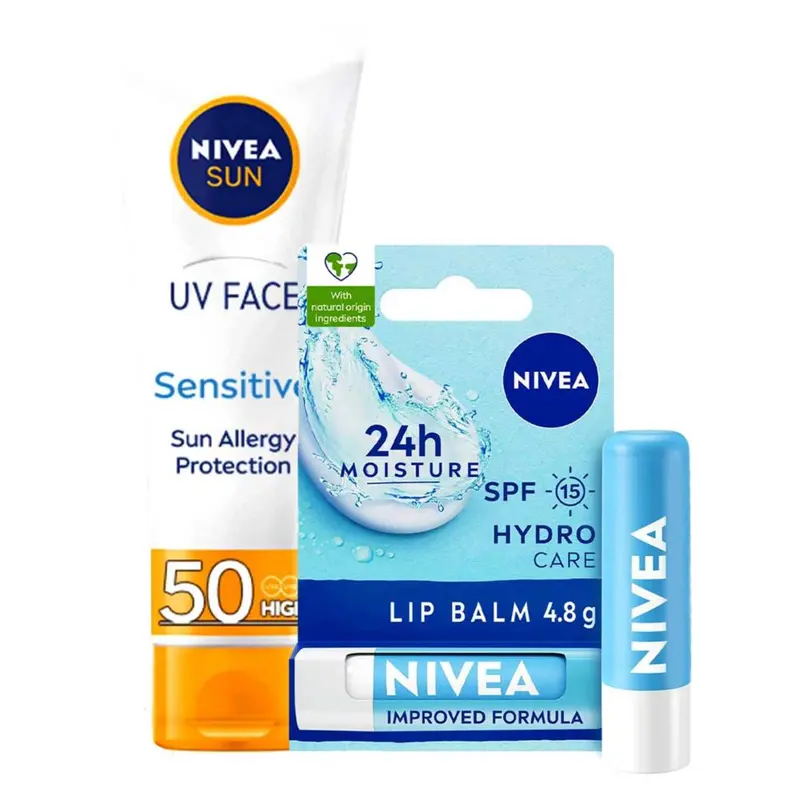 NIVEA SUN UV Face Sensitive & NIVEA Hydro Protect Lip Balm Bundle