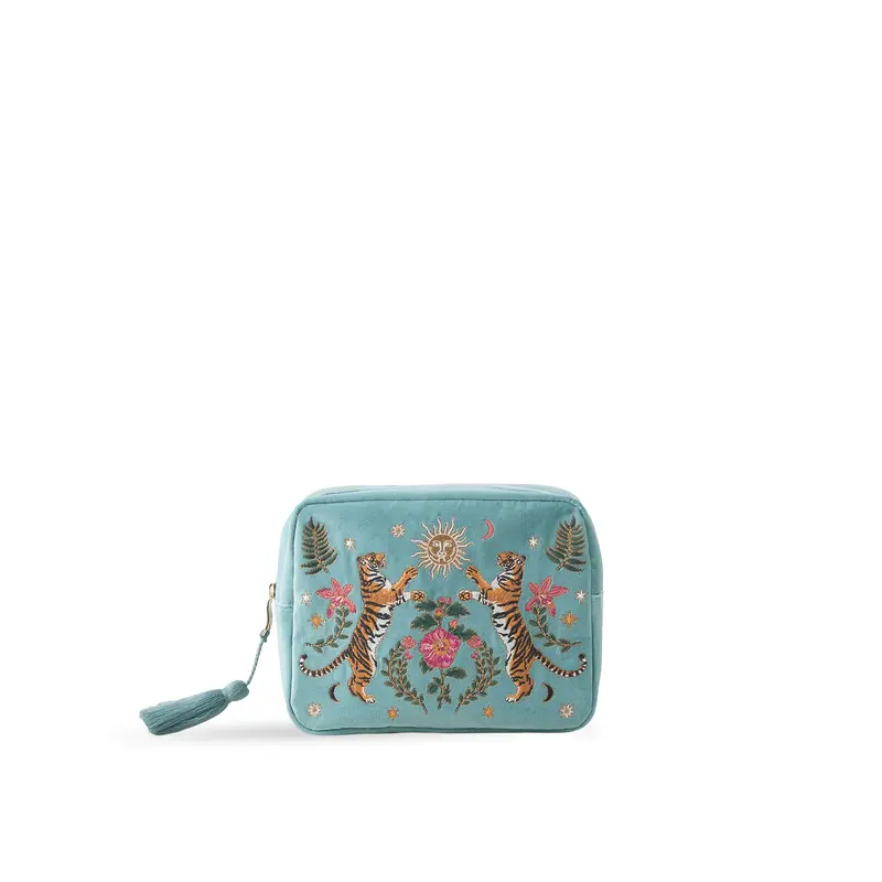 Celestial Tigers Velvet Wash Bag Dusky Teal