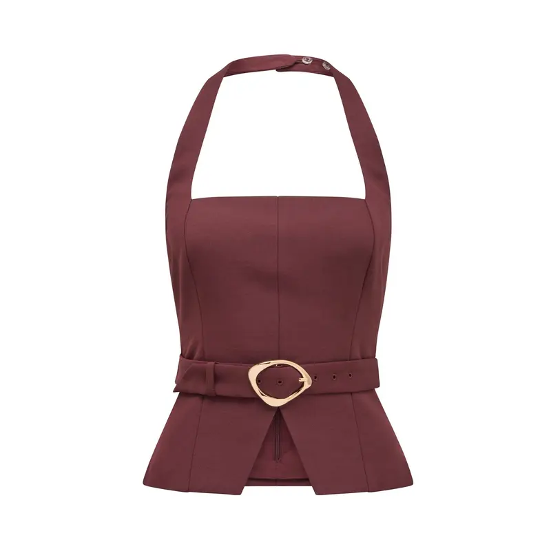 Ellisa Belted Hardware Long Sleeve Top Red