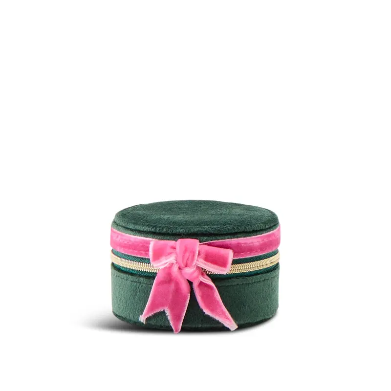 Velvet Bow Round Jewellery Case Green