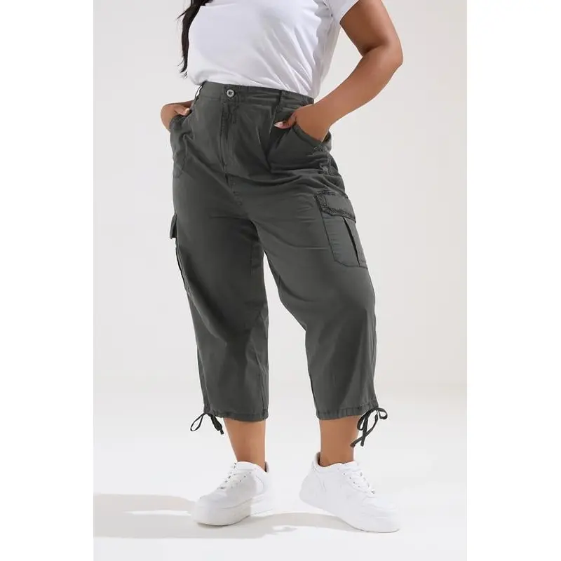 YOURS Curve Black Cotton Cropped Cargo Trousers