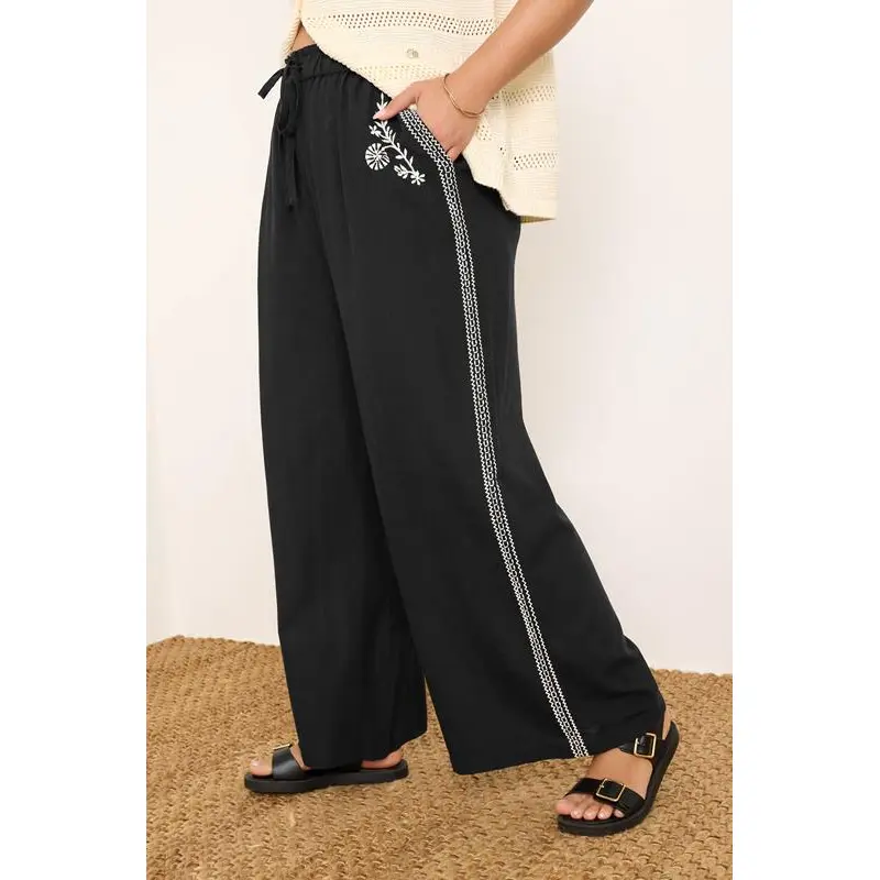 YOURS Curve Black Embroidery Wide Leg Linen Trousers