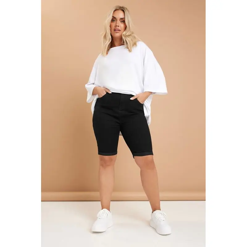 YOURS Curve Black Turn Up Denim Shorts