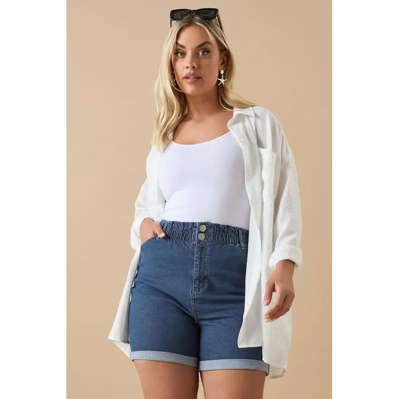 YOURS Curve Mid Blue Elasticated Waist Turn Up Denim Shorts