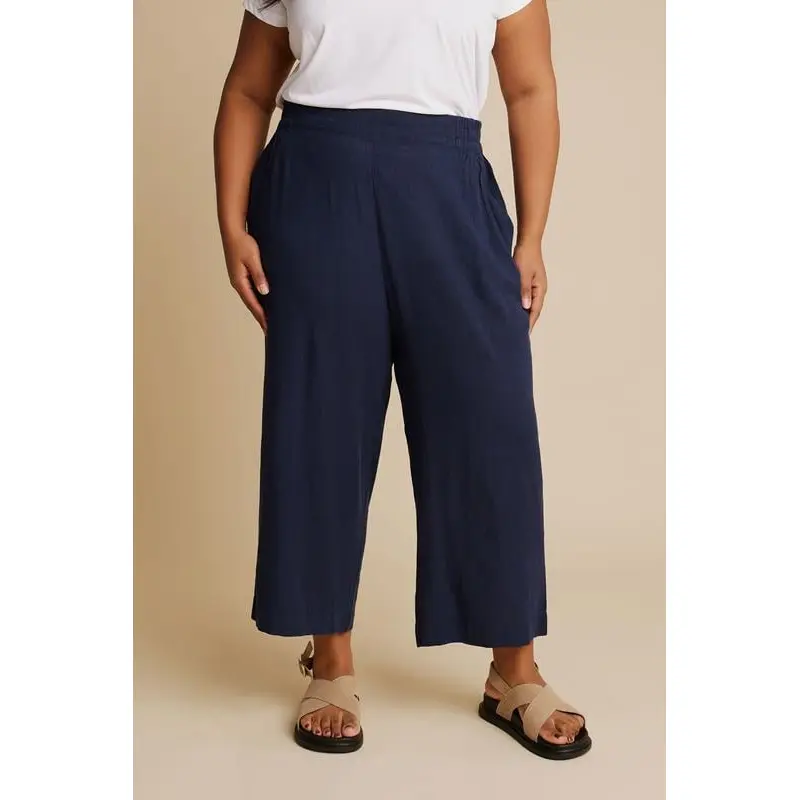 YOURS Curve Navy Blue Linen Cropped Wide Leg Trousers