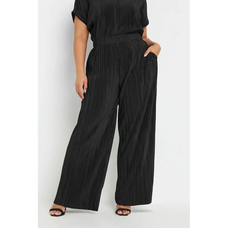 YOURS Curve Black Plisse Wide Leg Trousers