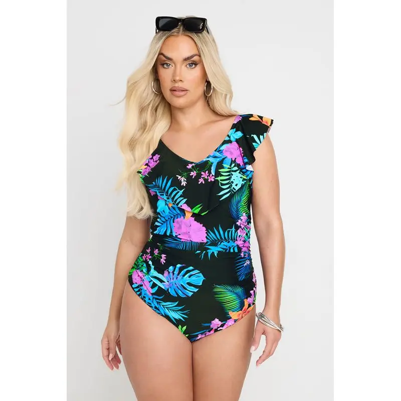YOURS Curve Black Tropical Palm Print Frilled Premium Swimsuit