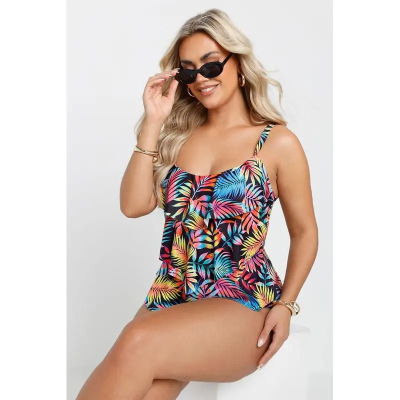 YOURS Curve Black Tropical Print Frill Swimsuit
