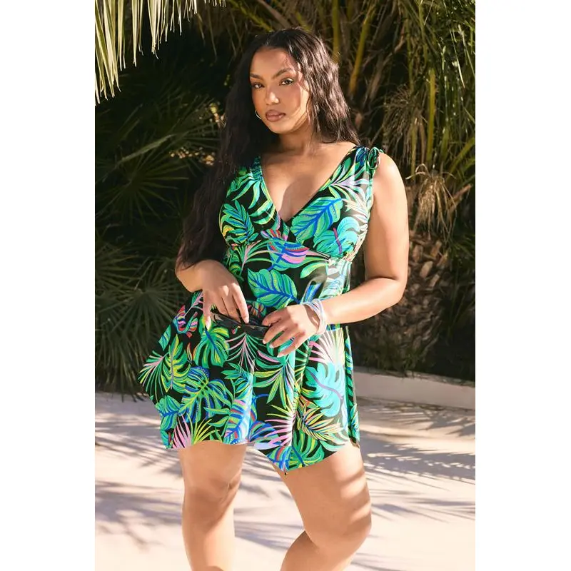 YOURS Curve Green Tropical Palm Print Tie Shoulder Swimdress