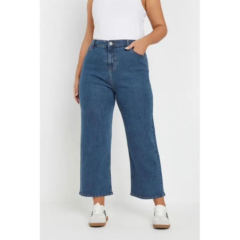 YOURS Curve Mid Blue Wide Leg Cropped Denim Jeans