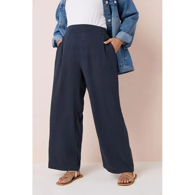 YOURS Curve Navy Blue Linen Wide Leg Trousers