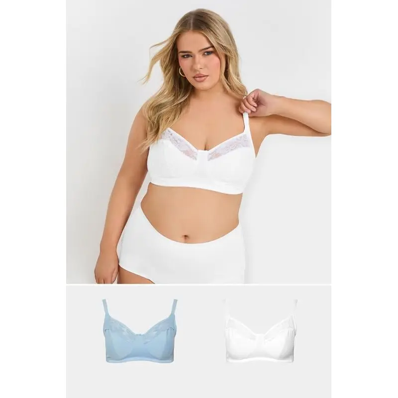 YOURS 2 PACK Blue & White Cotton Lace Trim Non-Padded Non-Wired Bralettes