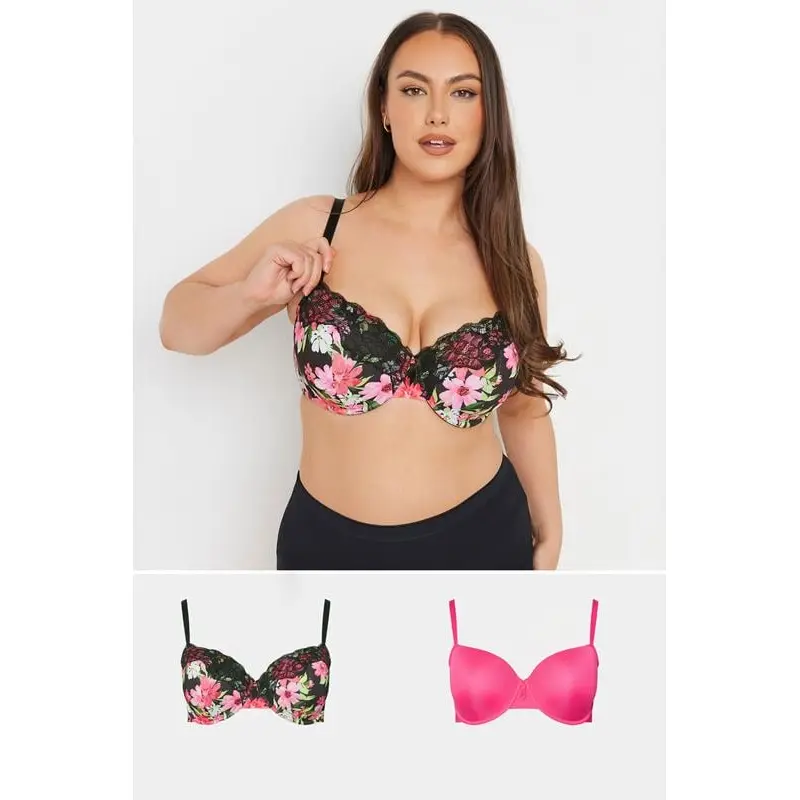 YOURS 2 PACK Curve Black & Pink Floral Print Padded Bras