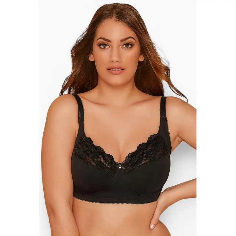 YOURS Black Cotton Lace Trim Non-Padded Non-Wired Bralette