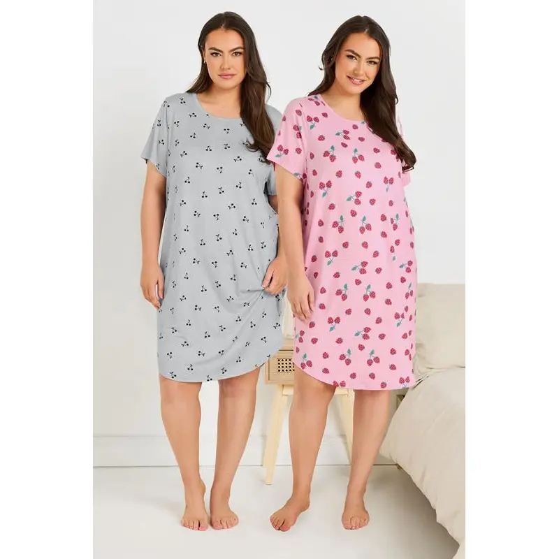 YOURS Curve 2 PACK Pink & Grey Fruit Print Soft Touch Nightdresses