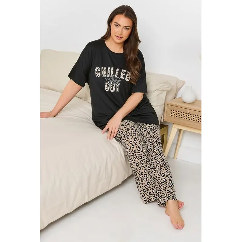 YOURS Curve Black 'Chilled Out Vibes' Leopard Wide Leg Pyjama Set