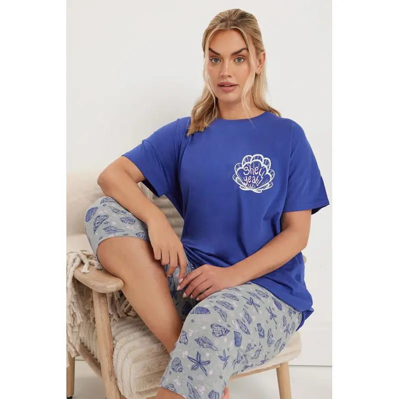 YOURS Curve Blue 'Shell Yeah' Graphic Cropped Pyjama Set