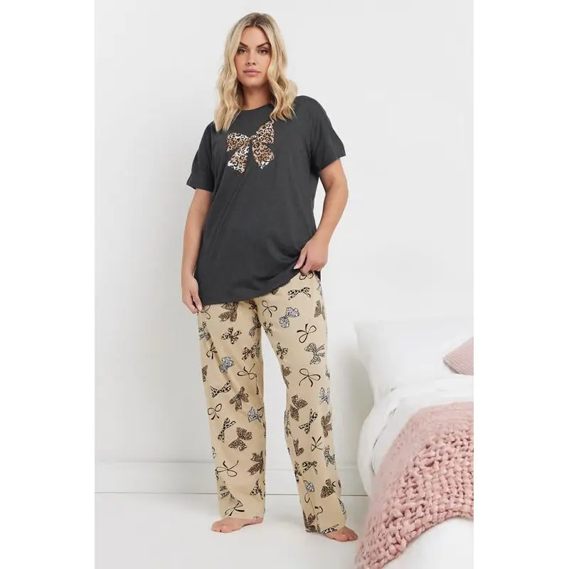 YOURS Curve Grey Leopard Bow Print Wide Leg Pyjama Set