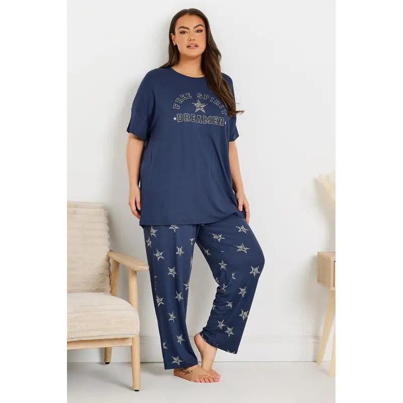 YOURS Curve Navy Blue 'Free Spirit Dreamer' Star Print Wide Leg Pyjama Set