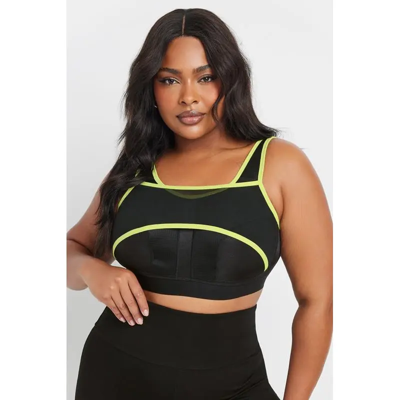 YOURS Curve Black Mesh Contrast Trim Non Padded Sports Bra