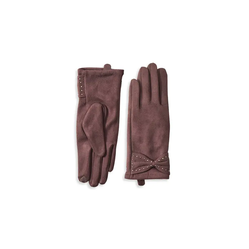 Faux Suede Bow Stud Gloves Brown