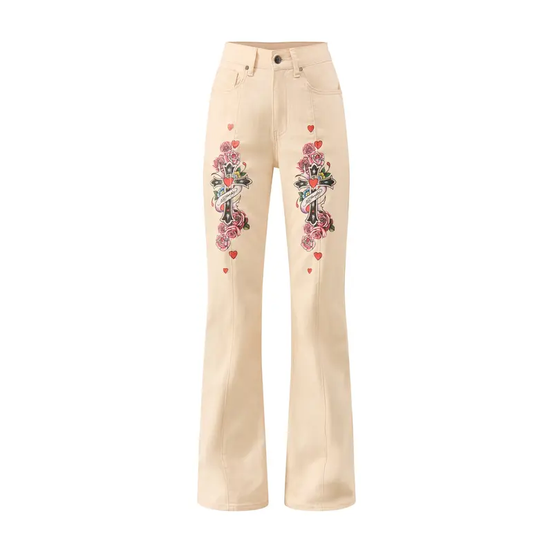 Floral Cross Flared Jeans Beige