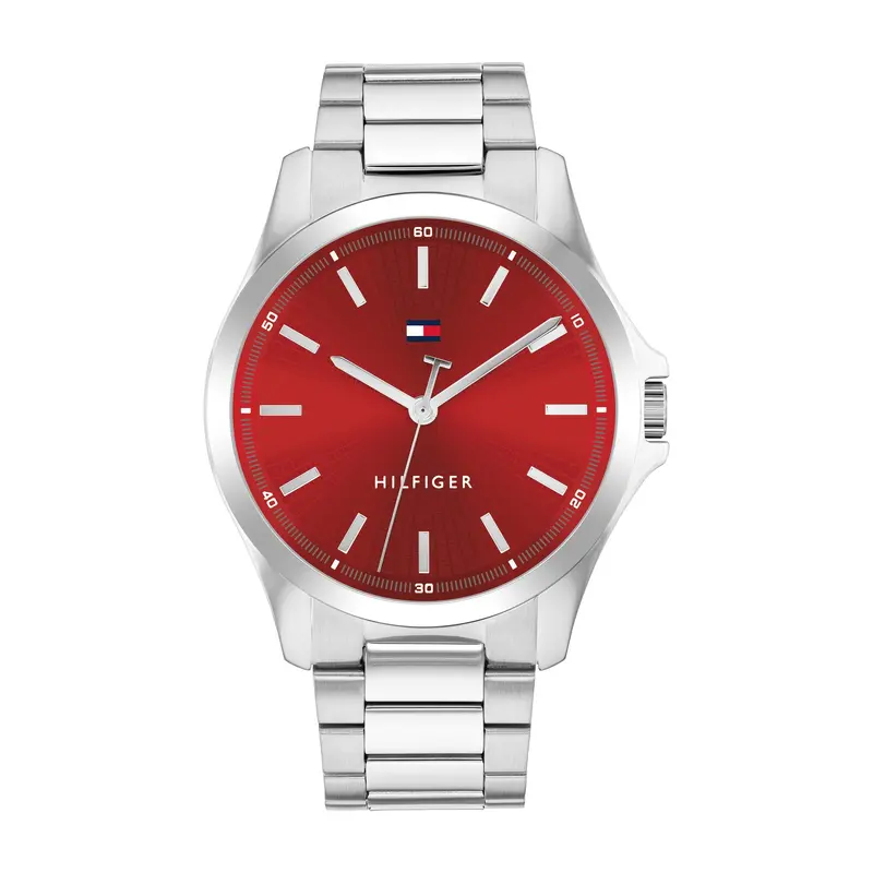 43mm Men's Red Textured Sunray Dial Stainless Steel Bracelet Watch