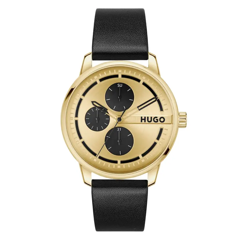 Men's Gold Tone Dial Black Leather Strap Watch