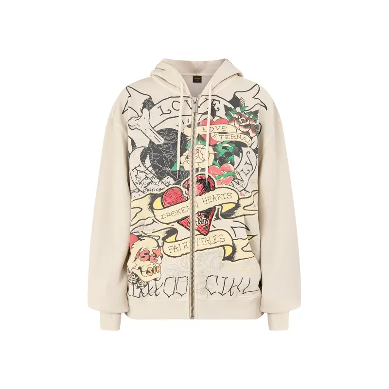Broken Hearts Zip Hoodie Ecru