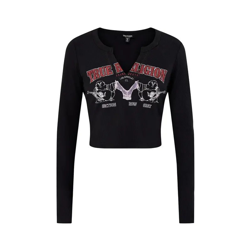 Buddha V-Neck Rib Long Sleeve Top Black