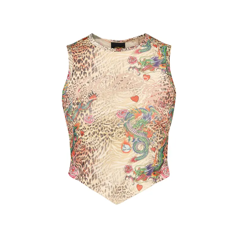 Dragon Repeat Mesh Vest Top Ecru