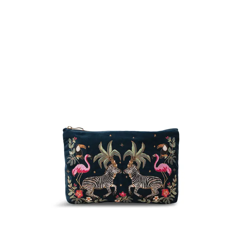 Zebra Wild Palm Velvet Everyday Pouch Navy