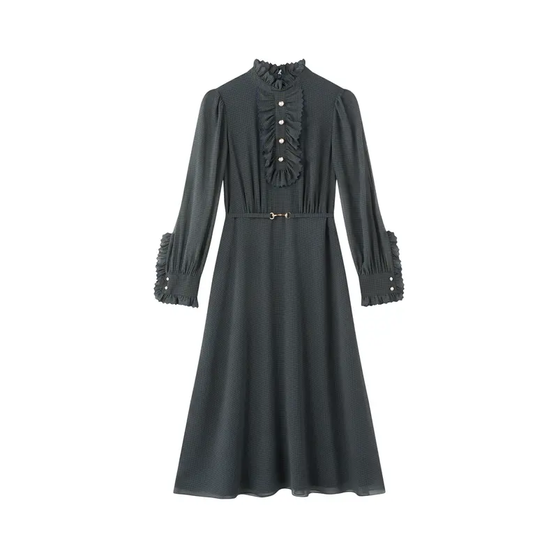 Sadie Midnight Houndstooth Print Recycled Fabric Georgette Dress with Belt