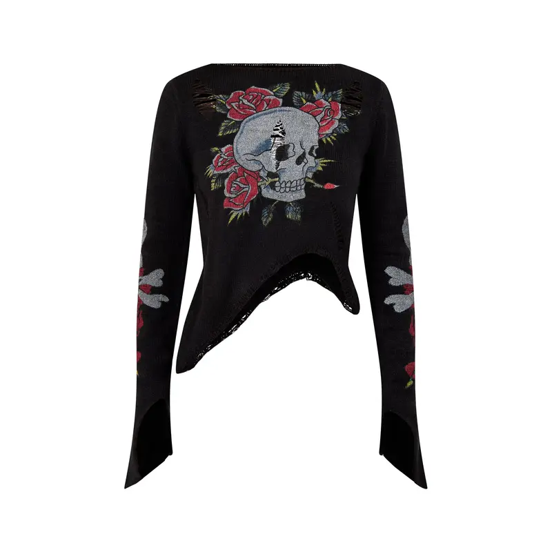 Ed Hardy Skull and Roses Distressed Knit Black