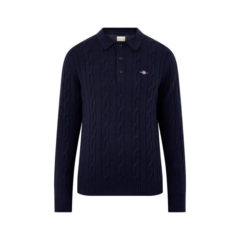 Lambswool Cable Polo Jumper Evening Blue