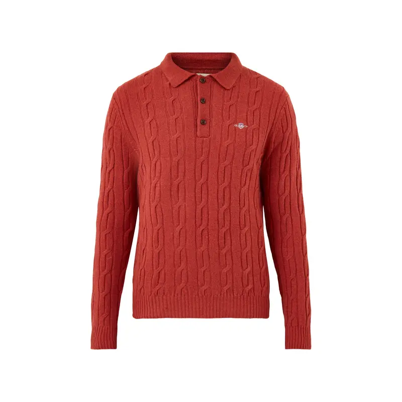 Lambswool Cable Polo Jumper Modern Rust